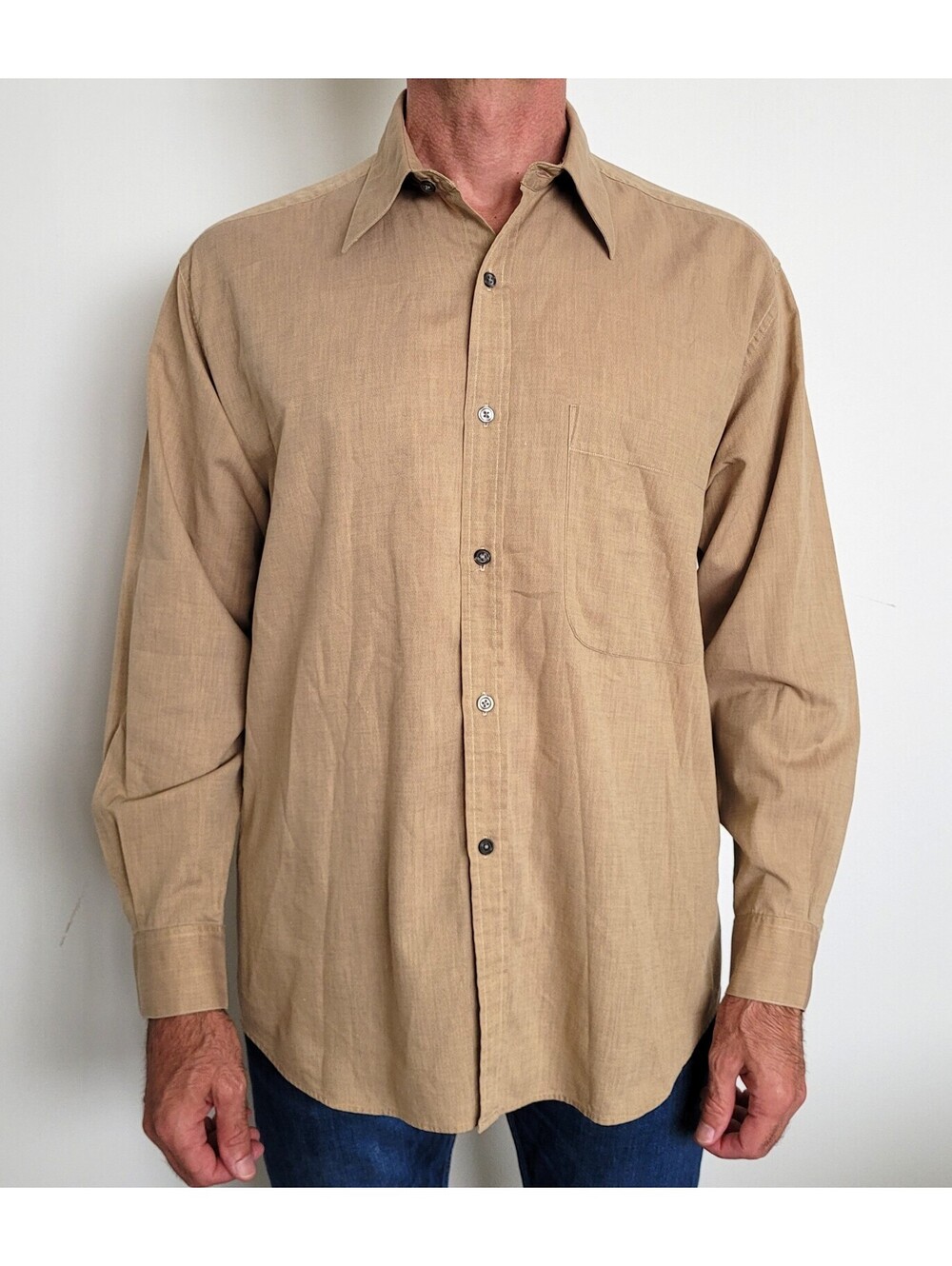 Bill Robinson Men's Medium Tan Dress Shirt Long Sleeve Button Up Cotton